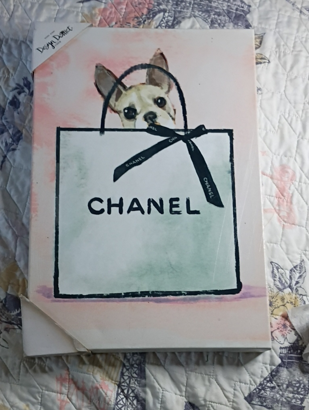 Dog in Designer Inspired Shopping Bag Wall Art – Pink and White